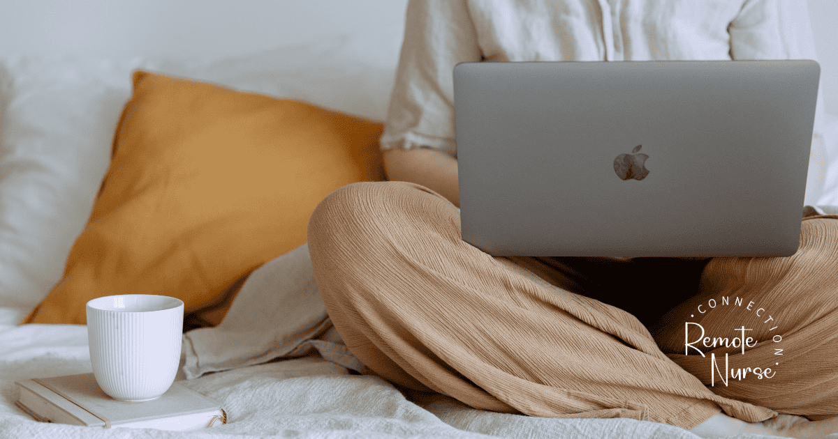 nurse getting remote job search organized on laptop sitting on bed