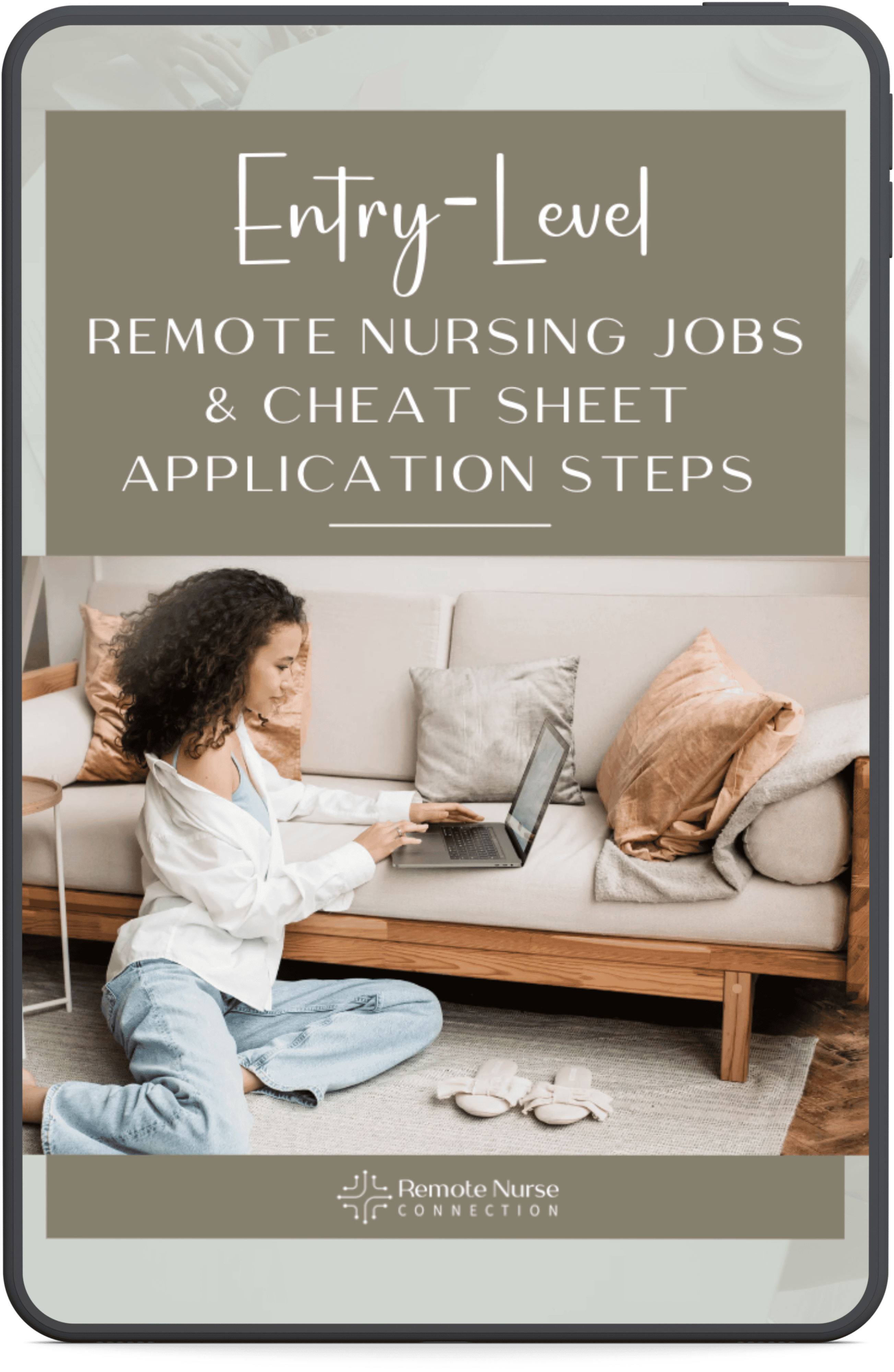 Entry-Level remote nursing jobs list cover image - nurse sitting on floor with laptop on couch