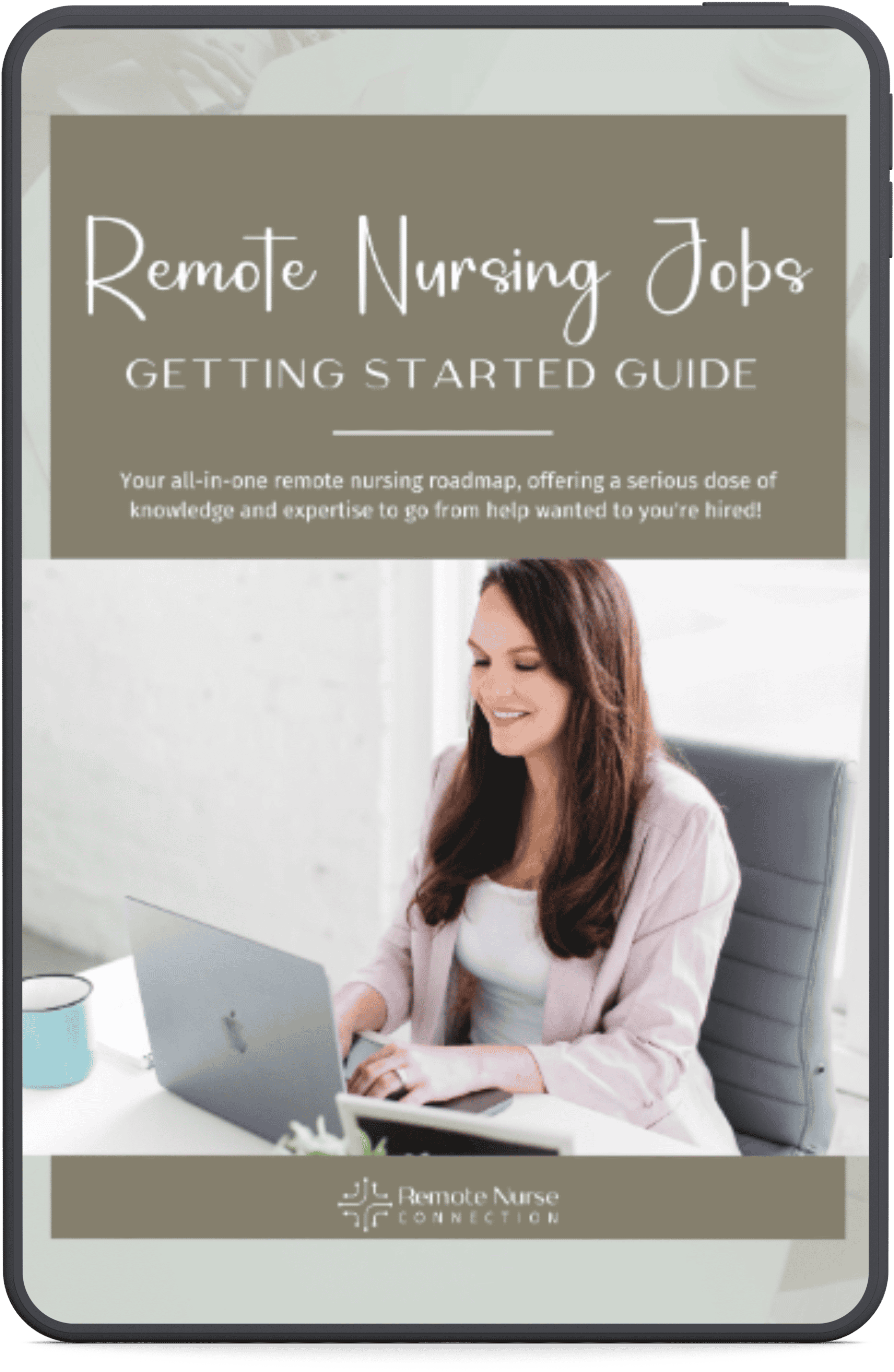 Cover Image of nurse at desk for free remote nursing jobs getting started guide