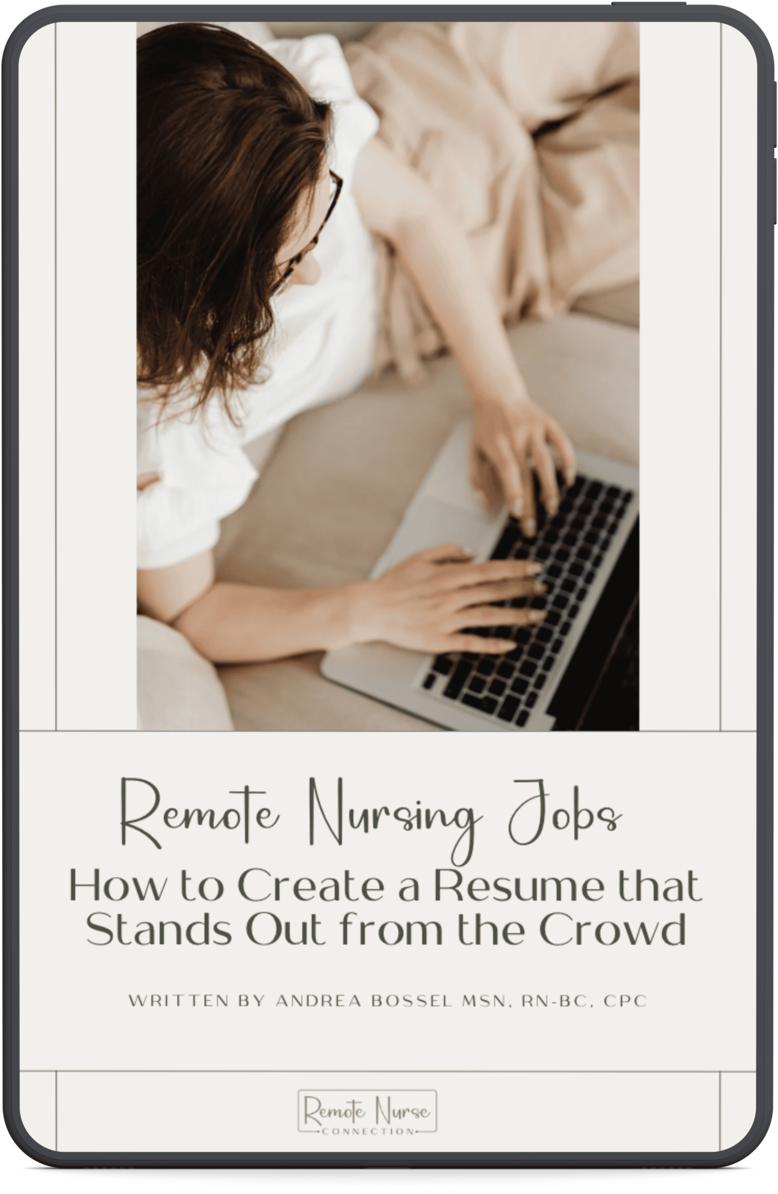 cover image for remote nurse resume writing guide - nurse laying on side on couch typing on laptop